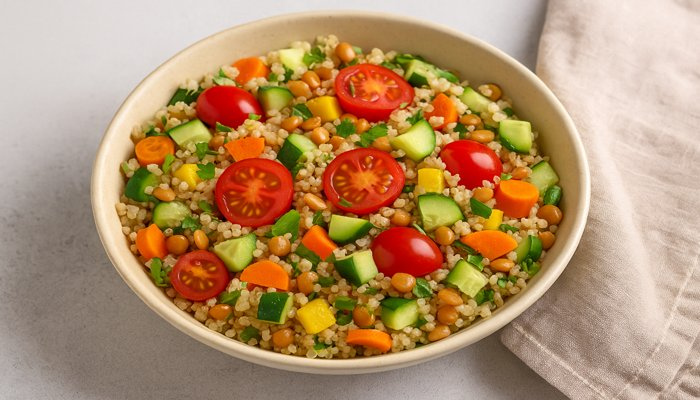 Salada Colorida com Quinoa e Grão-de-Bico: Nutrição Leve e Poderosa para Gestantes