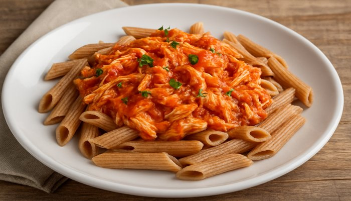 Macarrão Integral com Molho de Tomate Natural e Frango Desfiado